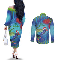 New Zealand Takahe Christmas Couples Matching Off The Shoulder Long Sleeve Dress and Long Sleeve Button Shirt Maori Fern Mix Pohotukawa LT14 - Polynesian Pride