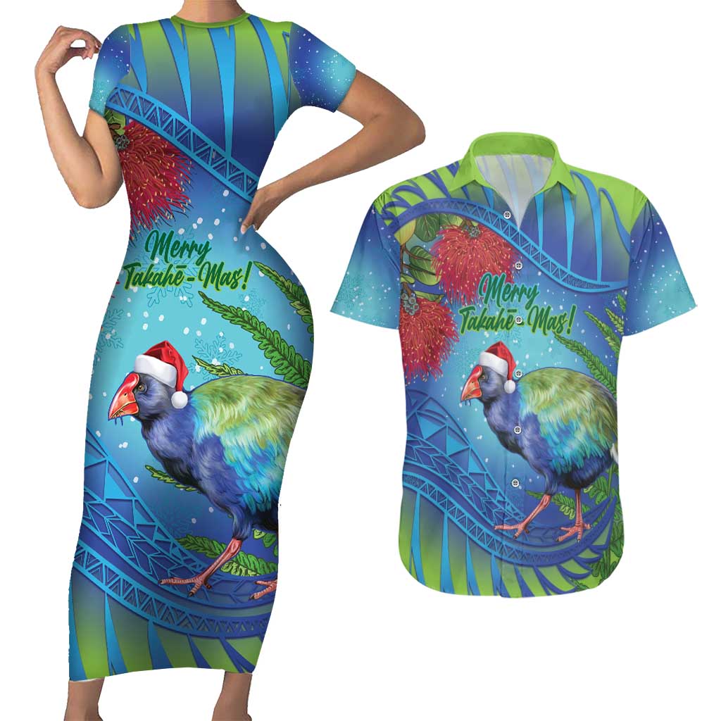 New Zealand Takahe Christmas Couples Matching Short Sleeve Bodycon Dress and Hawaiian Shirt Maori Fern Mix Pohotukawa LT14 Blue - Polynesian Pride
