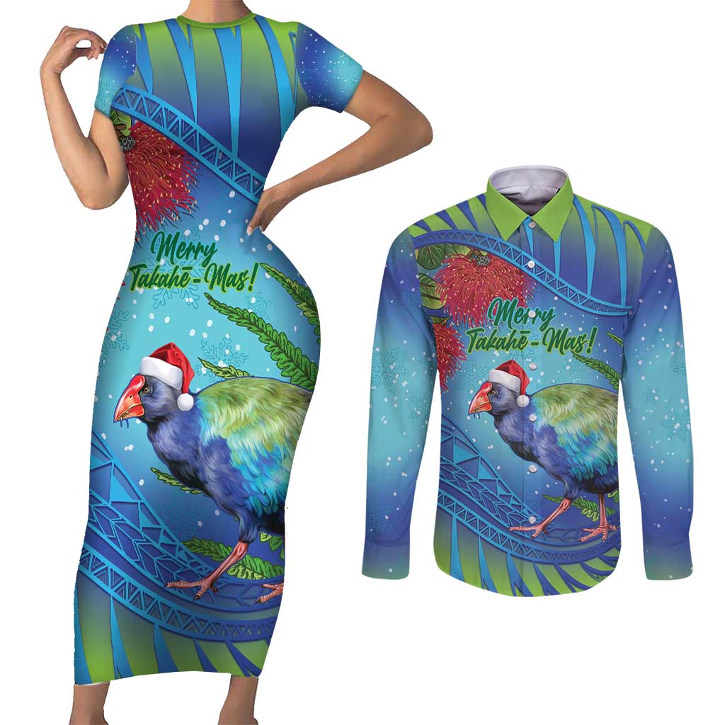 New Zealand Takahe Christmas Couples Matching Short Sleeve Bodycon Dress and Long Sleeve Button Shirt Maori Fern Mix Pohotukawa LT14 Blue - Polynesian Pride