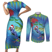 New Zealand Takahe Christmas Couples Matching Short Sleeve Bodycon Dress and Long Sleeve Button Shirt Maori Fern Mix Pohotukawa LT14 Blue - Polynesian Pride