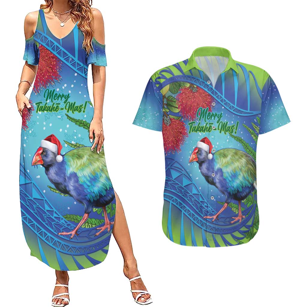 New Zealand Takahe Christmas Couples Matching Summer Maxi Dress and Hawaiian Shirt Maori Fern Mix Pohotukawa LT14 Blue - Polynesian Pride