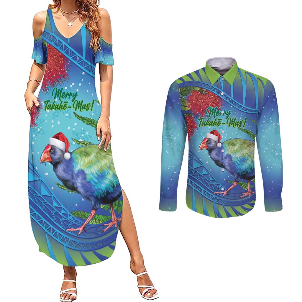 New Zealand Takahe Christmas Couples Matching Summer Maxi Dress and Long Sleeve Button Shirt Maori Fern Mix Pohotukawa LT14 Blue - Polynesian Pride