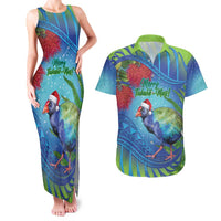 New Zealand Takahe Christmas Couples Matching Tank Maxi Dress and Hawaiian Shirt Maori Fern Mix Pohotukawa LT14 Blue - Polynesian Pride