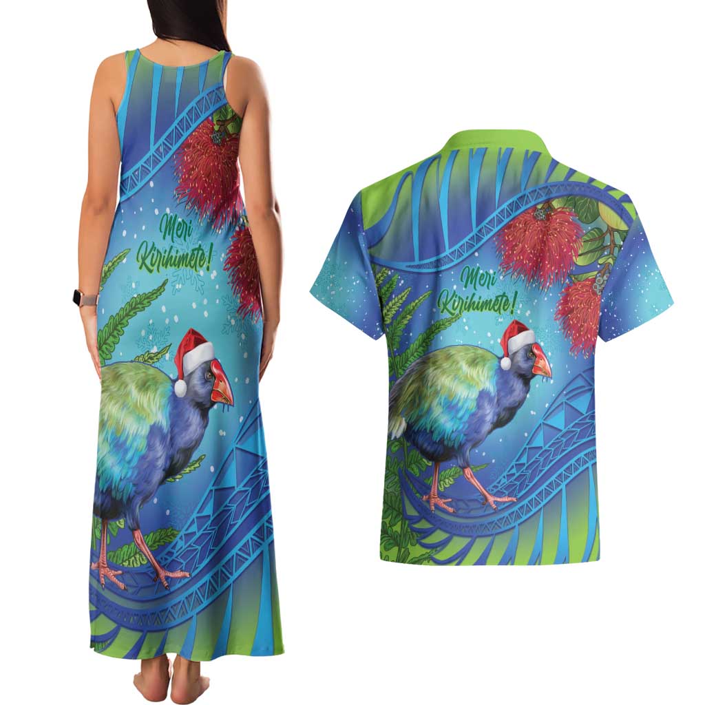 New Zealand Takahe Christmas Couples Matching Tank Maxi Dress and Hawaiian Shirt Maori Fern Mix Pohotukawa LT14 - Polynesian Pride