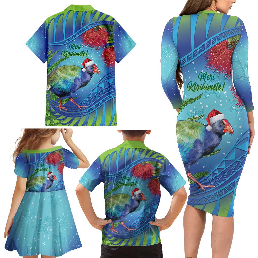 New Zealand Takahe Christmas Family Matching Long Sleeve Bodycon Dress and Hawaiian Shirt Maori Fern Mix Pohotukawa LT14 - Polynesian Pride