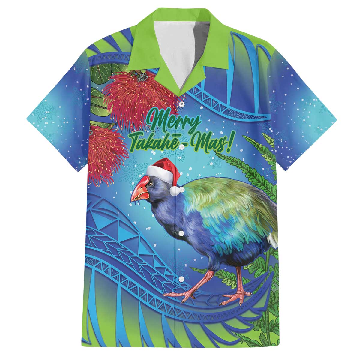 New Zealand Takahe Christmas Family Matching Off The Shoulder Long Sleeve Dress and Hawaiian Shirt Maori Fern Mix Pohotukawa LT14 Dad's Shirt - Short Sleeve Blue - Polynesian Pride