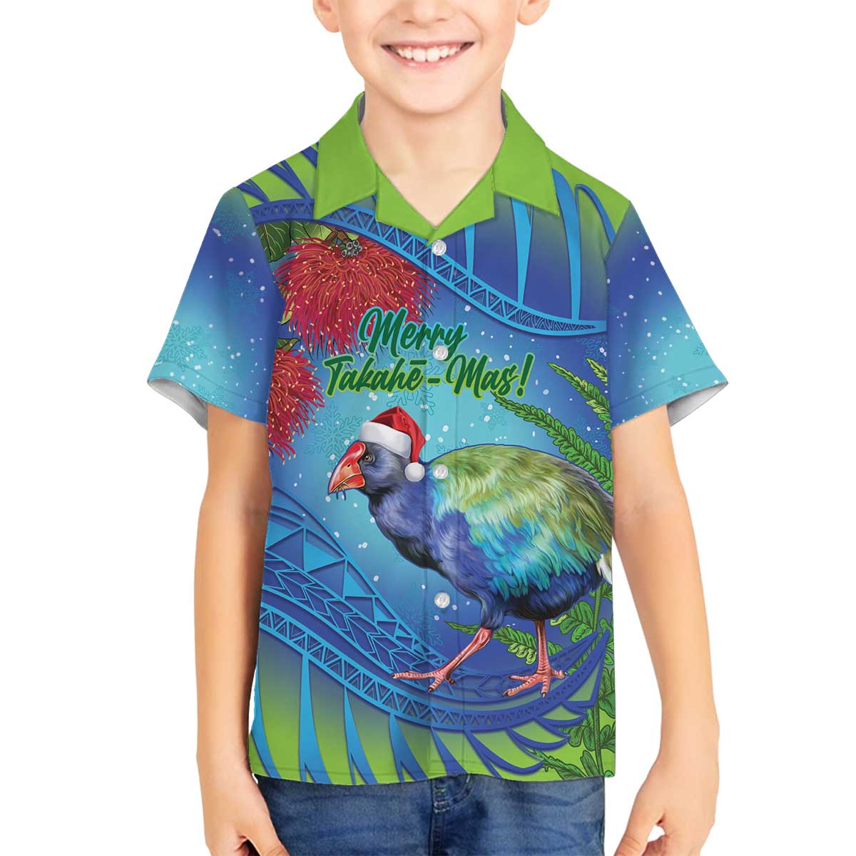 New Zealand Takahe Christmas Family Matching Off The Shoulder Long Sleeve Dress and Hawaiian Shirt Maori Fern Mix Pohotukawa LT14 Son's Shirt Blue - Polynesian Pride