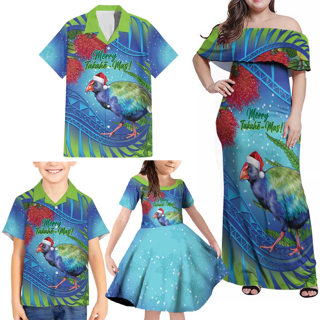 New Zealand Takahe Christmas Family Matching Off Shoulder Maxi Dress and Hawaiian Shirt Maori Fern Mix Pohotukawa LT14 - Polynesian Pride
