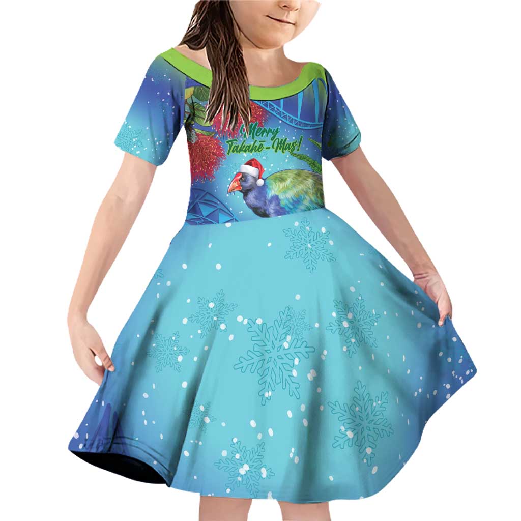 New Zealand Takahe Christmas Family Matching Off Shoulder Short Dress and Hawaiian Shirt Maori Fern Mix Pohotukawa LT14 Daughter's Dress Blue - Polynesian Pride