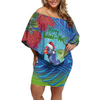 New Zealand Takahe Christmas Family Matching Off Shoulder Short Dress and Hawaiian Shirt Maori Fern Mix Pohotukawa LT14 Mom's Dress Blue - Polynesian Pride
