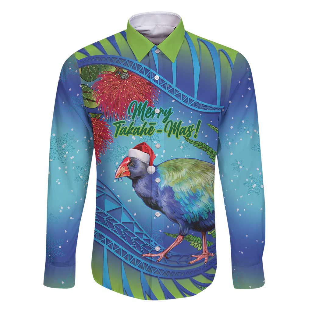 New Zealand Takahe Christmas Family Matching Puletasi and Hawaiian Shirt Maori Fern Mix Pohotukawa LT14 Dad's Shirt - Long Sleeve Blue - Polynesian Pride