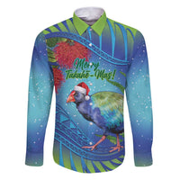 New Zealand Takahe Christmas Family Matching Puletasi and Hawaiian Shirt Maori Fern Mix Pohotukawa LT14 Dad's Shirt - Long Sleeve Blue - Polynesian Pride