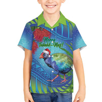 New Zealand Takahe Christmas Family Matching Tank Maxi Dress and Hawaiian Shirt Maori Fern Mix Pohotukawa LT14 Son's Shirt Blue - Polynesian Pride