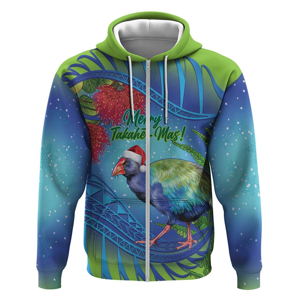 New Zealand Takahe Christmas Hoodie Maori Fern Mix Pohotukawa LT14 Zip Hoodie Blue - Polynesian Pride