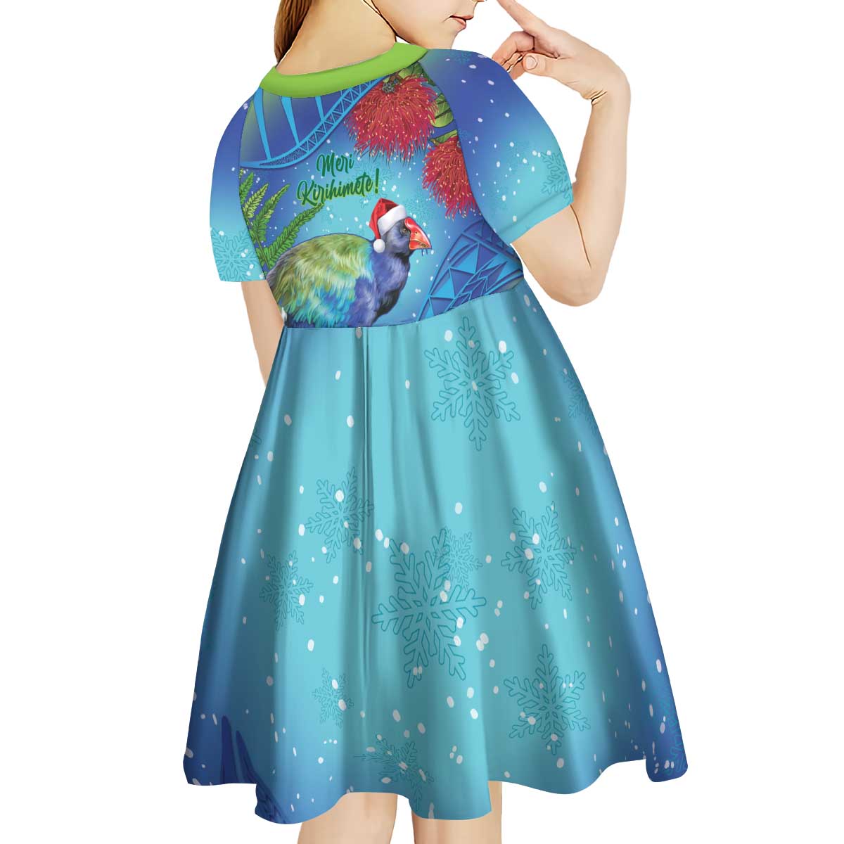 New Zealand Takahe Christmas Kid Short Sleeve Dress Maori Fern Mix Pohotukawa LT14 - Polynesian Pride