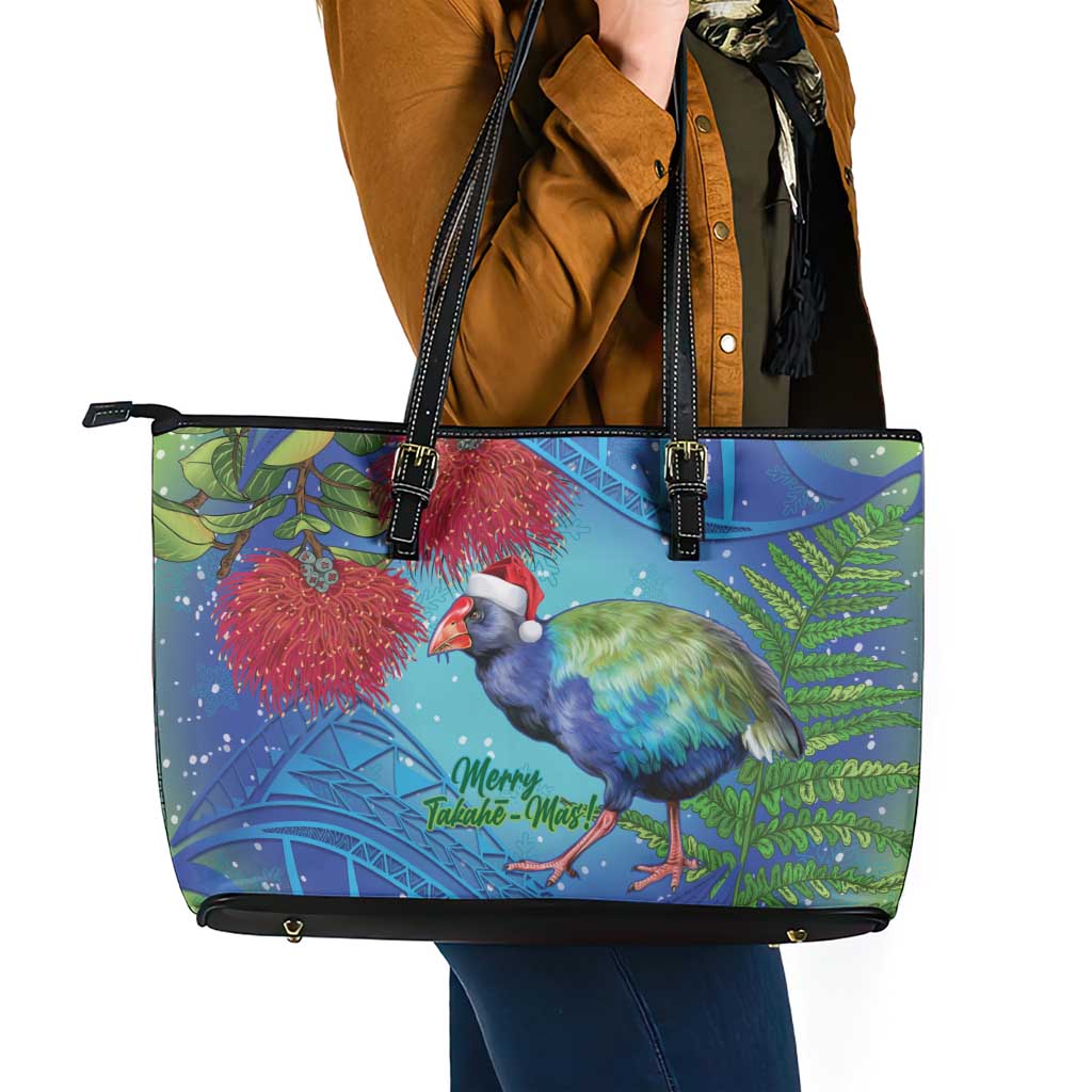 New Zealand Takahe Christmas Leather Tote Bag Maori Fern Mix Pohotukawa LT14 - Polynesian Pride