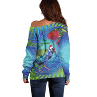 New Zealand Takahe Christmas Off Shoulder Sweater Maori Fern Mix Pohotukawa LT14 - Polynesian Pride