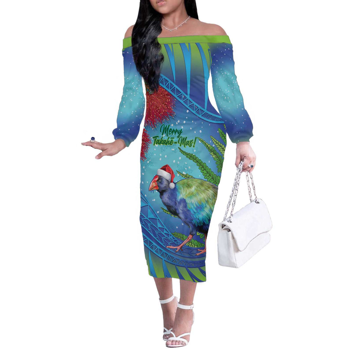 New Zealand Takahe Christmas Off The Shoulder Long Sleeve Dress Maori Fern Mix Pohotukawa LT14 Women Blue - Polynesian Pride