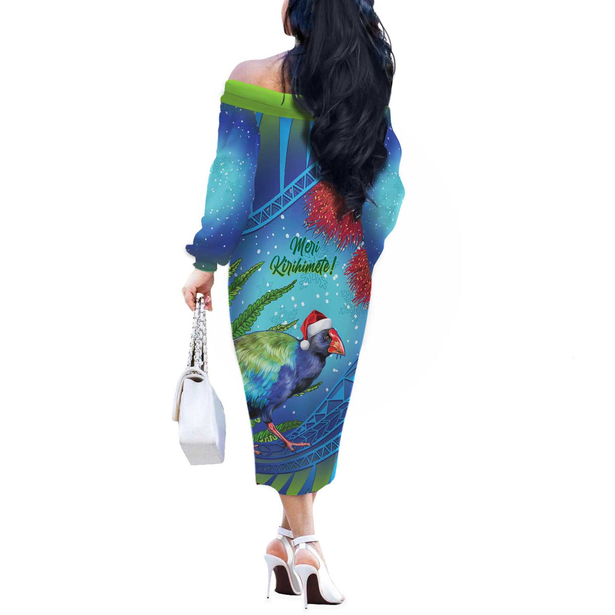 New Zealand Takahe Christmas Off The Shoulder Long Sleeve Dress Maori Fern Mix Pohotukawa LT14 - Polynesian Pride