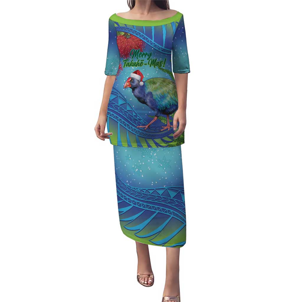 New Zealand Takahe Christmas Puletasi Maori Fern Mix Pohotukawa LT14 Long Dress Blue - Polynesian Pride