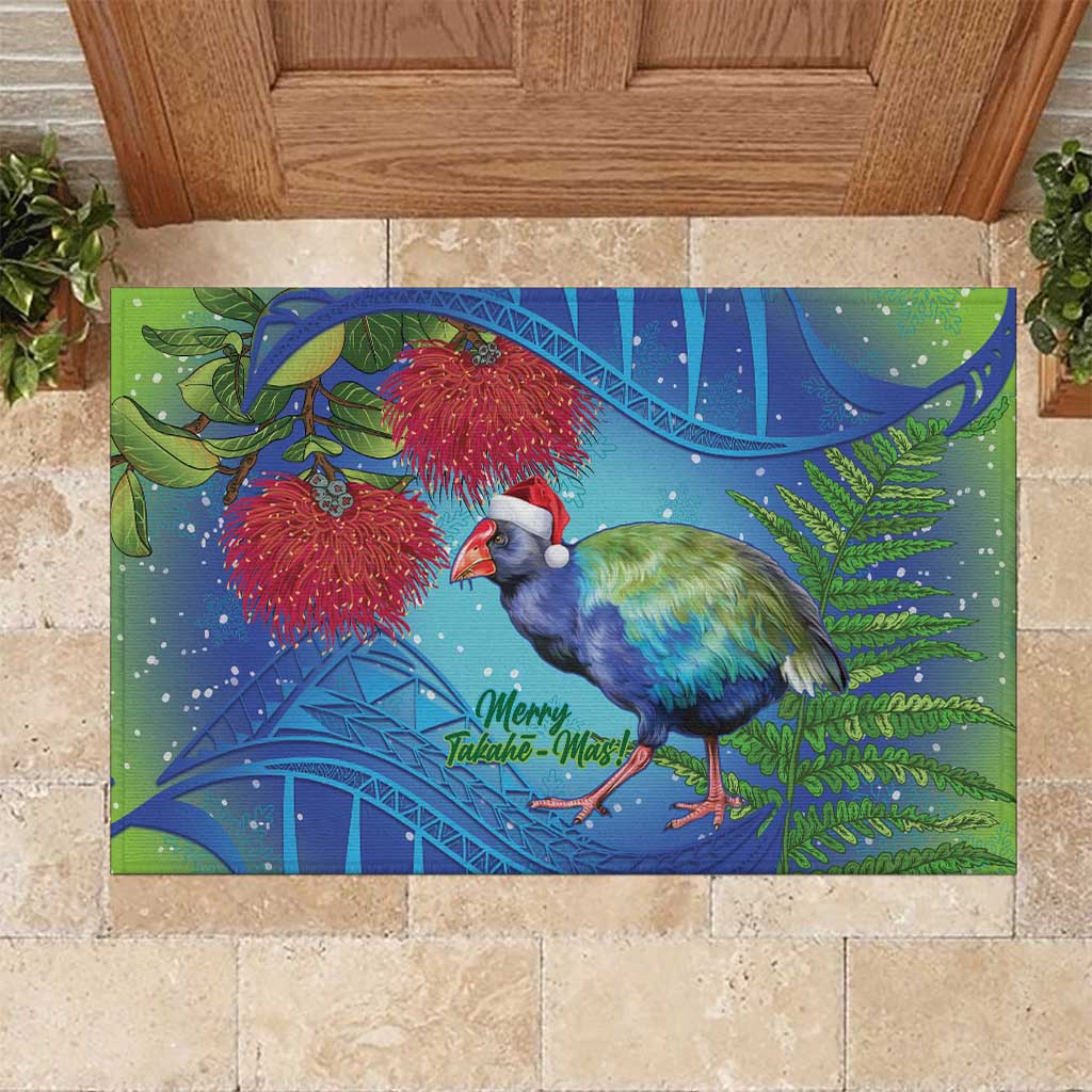 New Zealand Takahe Christmas Rubber Doormat Maori Fern Mix Pohotukawa LT14 Blue - Polynesian Pride
