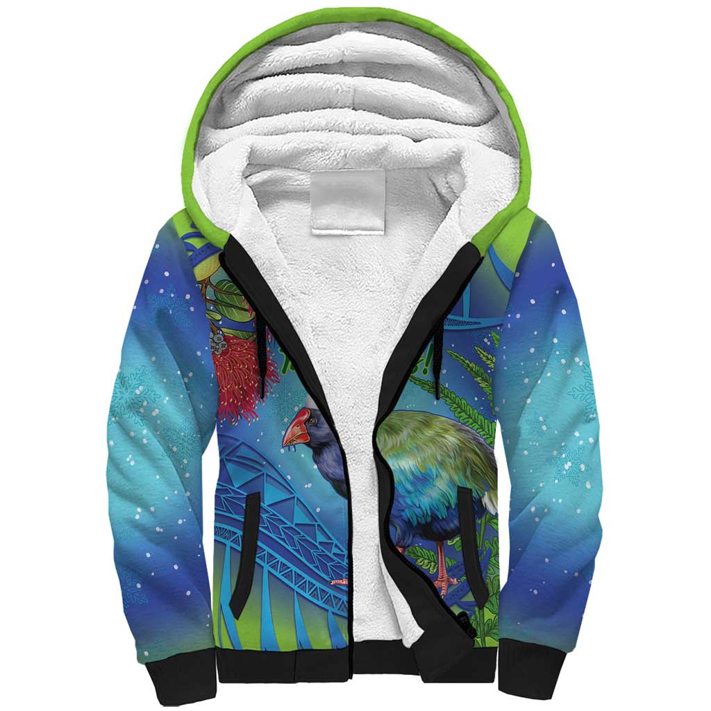 New Zealand Takahe Christmas Sherpa Hoodie Maori Fern Mix Pohotukawa LT14 Unisex Blue - Polynesian Pride