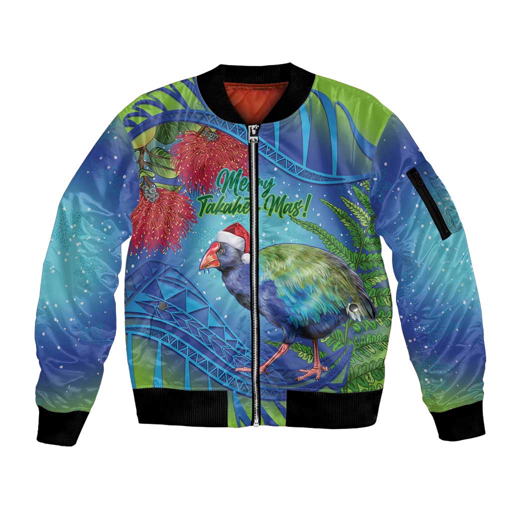 New Zealand Takahe Christmas Sleeve Zip Bomber Jacket Maori Fern Mix Pohotukawa LT14 Unisex Blue - Polynesian Pride