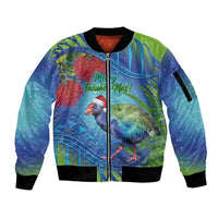 New Zealand Takahe Christmas Sleeve Zip Bomber Jacket Maori Fern Mix Pohotukawa LT14 Unisex Blue - Polynesian Pride