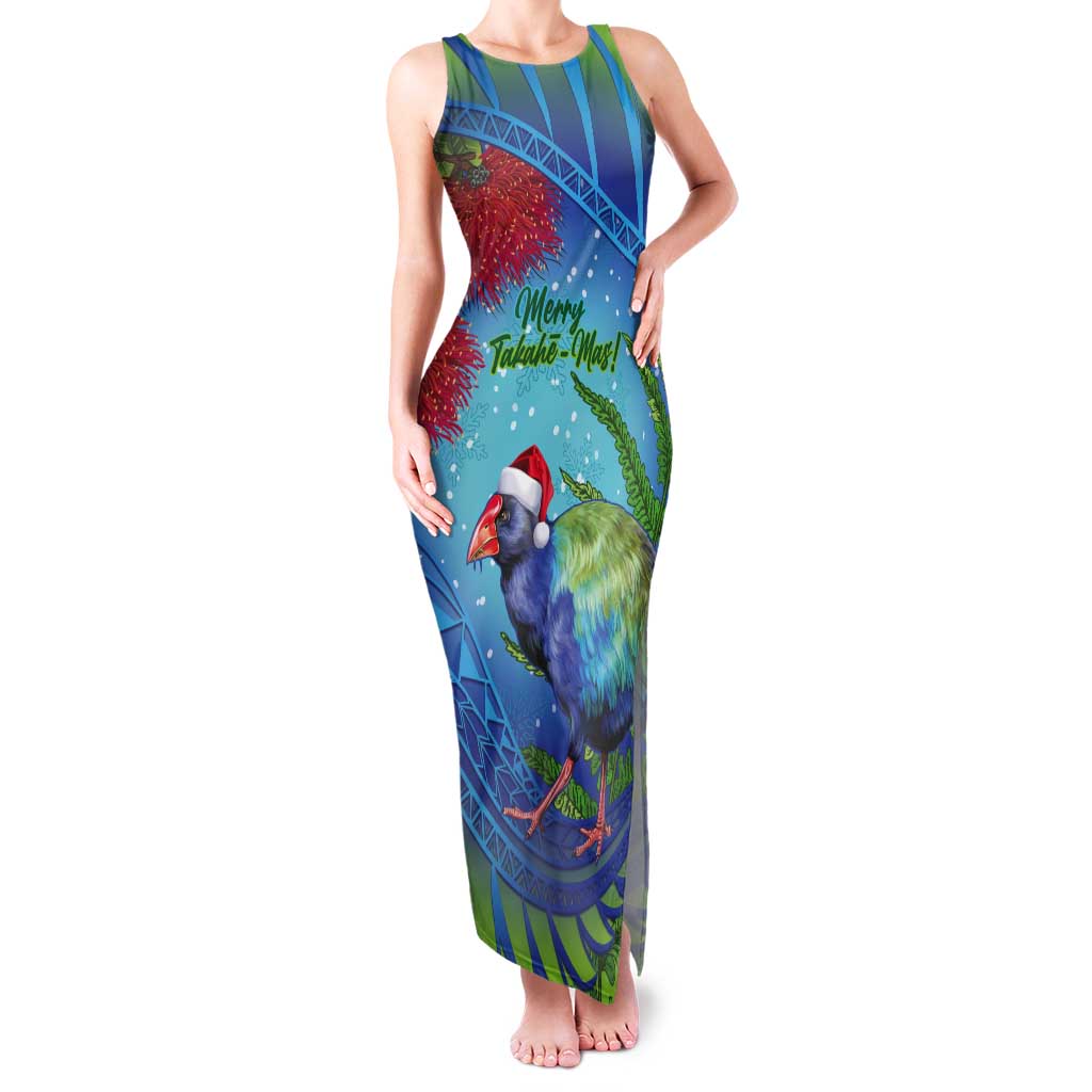 New Zealand Takahe Christmas Tank Maxi Dress Maori Fern Mix Pohotukawa LT14 Women Blue - Polynesian Pride