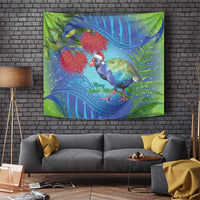 New Zealand Takahe Christmas Tapestry Maori Fern Mix Pohotukawa LT14 Blue - Polynesian Pride