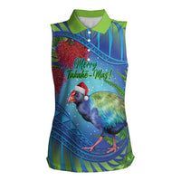 New Zealand Takahe Christmas Women Sleeveless Polo Shirt Maori Fern Mix Pohotukawa LT14 Female Blue - Polynesian Pride