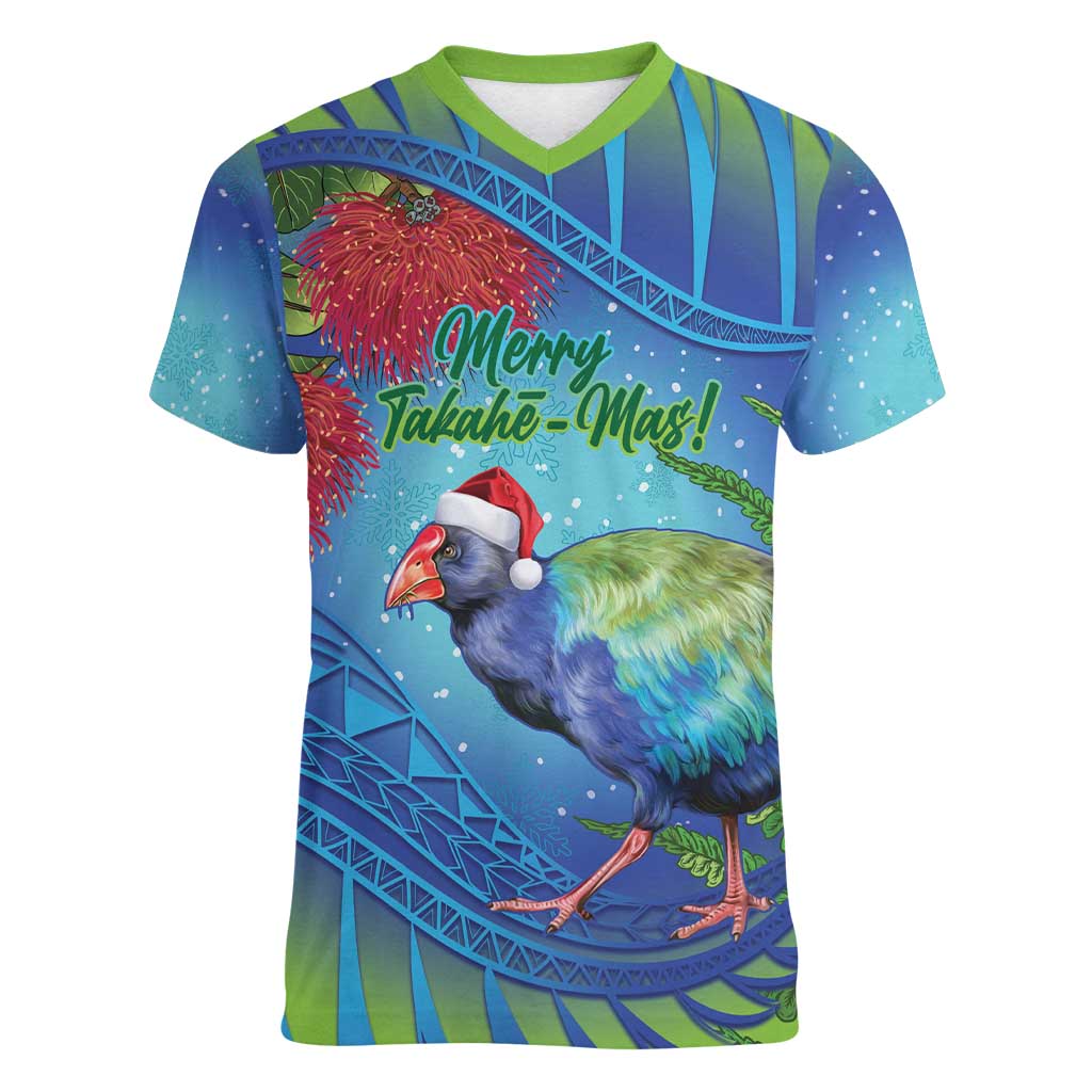New Zealand Takahe Christmas Women V-Neck T-Shirt Maori Fern Mix Pohotukawa LT14 Female Blue - Polynesian Pride
