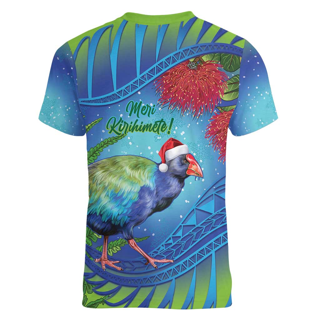 New Zealand Takahe Christmas Women V-Neck T-Shirt Maori Fern Mix Pohotukawa LT14 - Polynesian Pride