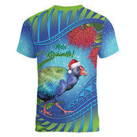 New Zealand Takahe Christmas Women V-Neck T-Shirt Maori Fern Mix Pohotukawa LT14 - Polynesian Pride