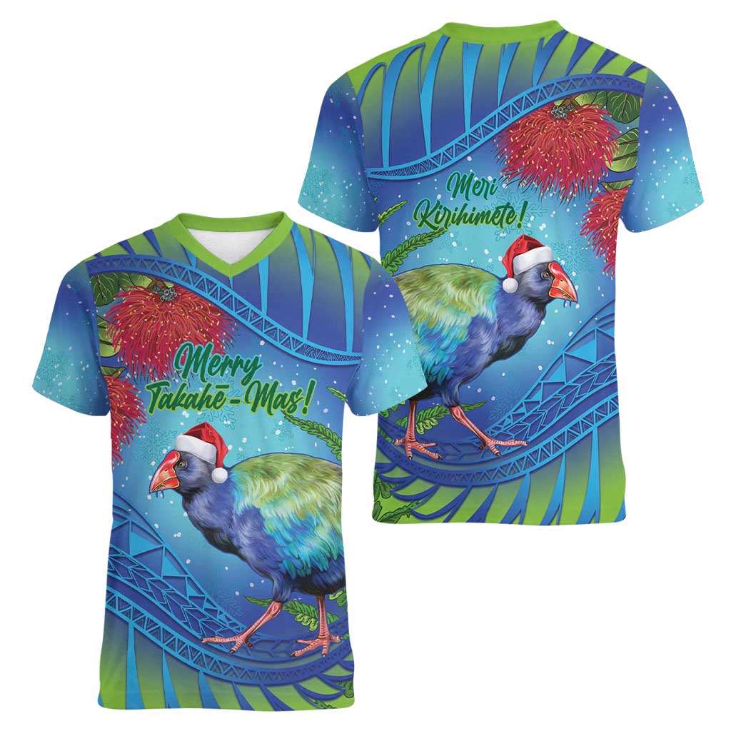 New Zealand Takahe Christmas Women V-Neck T-Shirt Maori Fern Mix Pohotukawa LT14 - Polynesian Pride