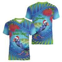New Zealand Takahe Christmas Women V-Neck T-Shirt Maori Fern Mix Pohotukawa LT14 - Polynesian Pride