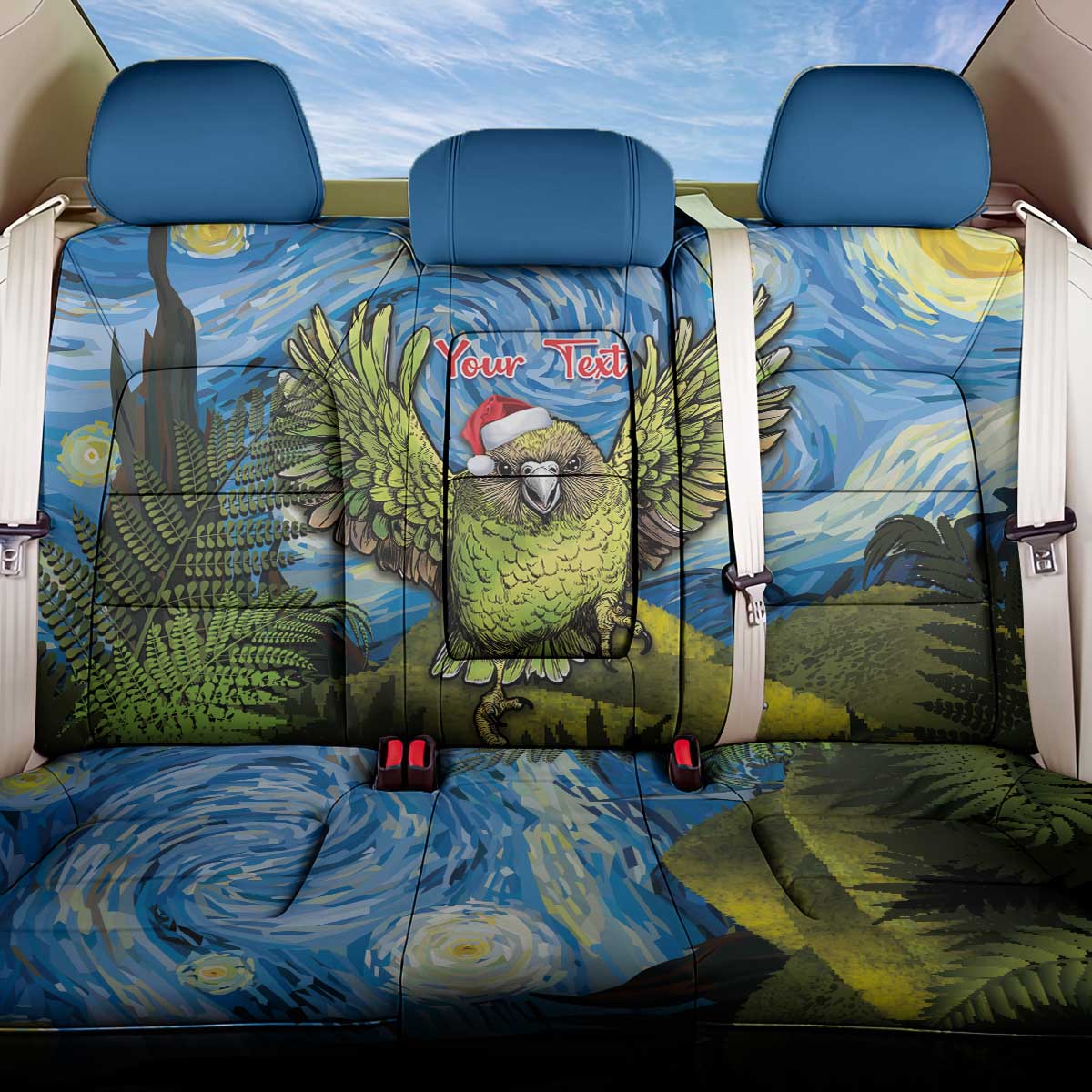 Personalised Jumping Kakapo Christmas Back Car Seat Cover New Zealand Fern - Starry Night Style LT14 One Size Green - Polynesian Pride