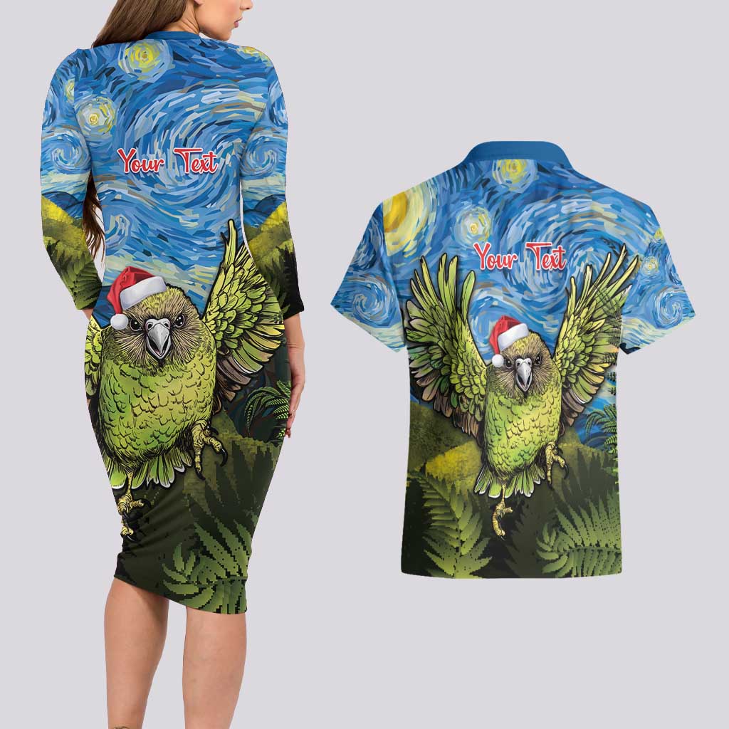 Personalised Jumping Kakapo Christmas Couples Matching Long Sleeve Bodycon Dress and Hawaiian Shirt New Zealand Fern - Starry Night Style LT14 - Polynesian Pride