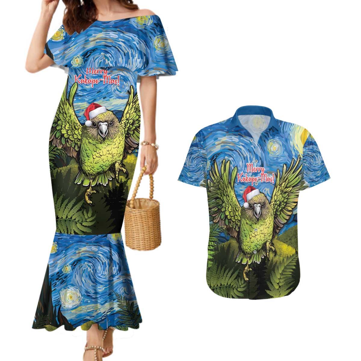 Personalised Jumping Kakapo Christmas Couples Matching Mermaid Dress and Hawaiian Shirt New Zealand Fern - Starry Night Style LT14 Green - Polynesian Pride