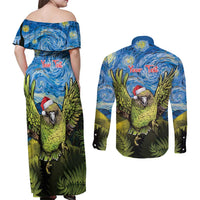 Personalised Jumping Kakapo Christmas Couples Matching Off Shoulder Maxi Dress and Long Sleeve Button Shirt New Zealand Fern - Starry Night Style LT14 - Polynesian Pride