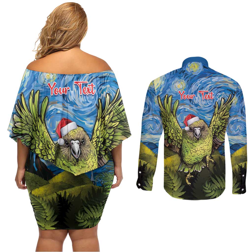 Personalised Jumping Kakapo Christmas Couples Matching Off Shoulder Short Dress and Long Sleeve Button Shirt New Zealand Fern - Starry Night Style LT14 - Polynesian Pride