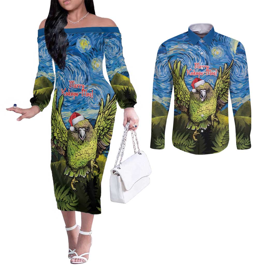 Personalised Jumping Kakapo Christmas Couples Matching Off The Shoulder Long Sleeve Dress and Long Sleeve Button Shirt New Zealand Fern - Starry Night Style LT14 Green - Polynesian Pride