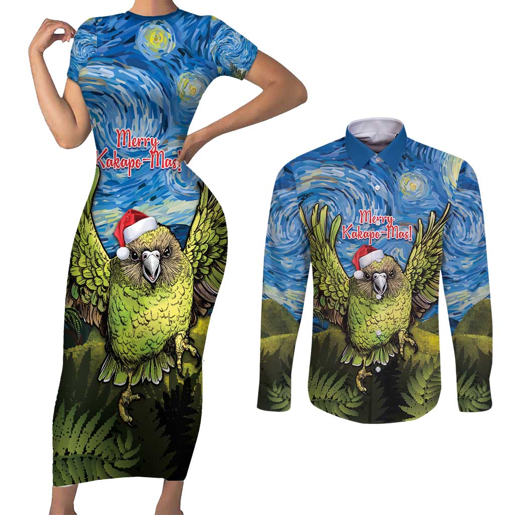 Personalised Jumping Kakapo Christmas Couples Matching Short Sleeve Bodycon Dress and Long Sleeve Button Shirt New Zealand Fern - Starry Night Style LT14 Green - Polynesian Pride