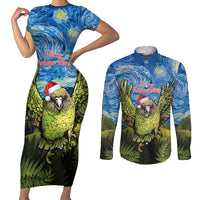Personalised Jumping Kakapo Christmas Couples Matching Short Sleeve Bodycon Dress and Long Sleeve Button Shirt New Zealand Fern - Starry Night Style LT14 Green - Polynesian Pride