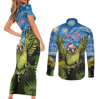 Personalised Jumping Kakapo Christmas Couples Matching Short Sleeve Bodycon Dress and Long Sleeve Button Shirt New Zealand Fern - Starry Night Style LT14 - Polynesian Pride