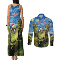 Personalised Jumping Kakapo Christmas Couples Matching Tank Maxi Dress and Long Sleeve Button Shirt New Zealand Fern - Starry Night Style LT14 - Polynesian Pride