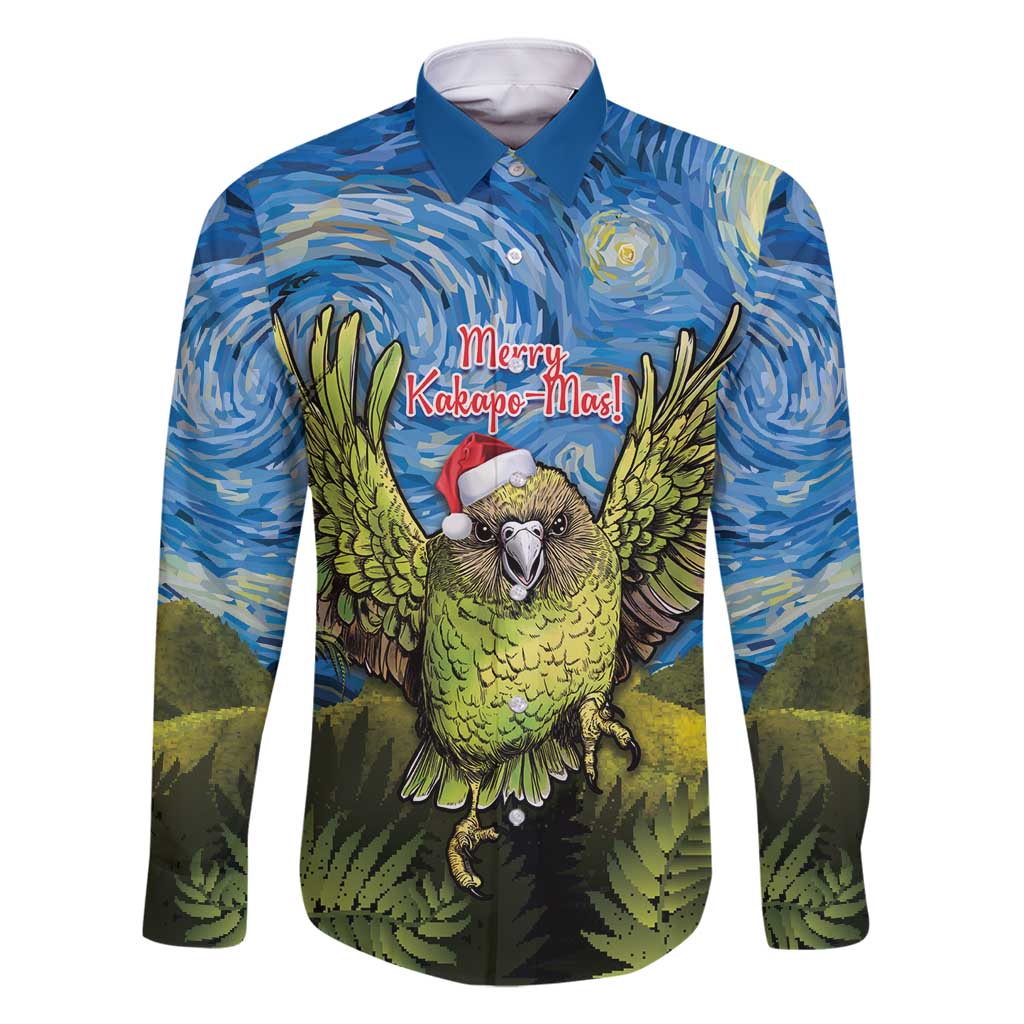 Personalised Jumping Kakapo Christmas Family Matching Long Sleeve Bodycon Dress and Hawaiian Shirt New Zealand Fern - Starry Night Style LT14 Dad's Shirt - Long Sleeve Green - Polynesian Pride