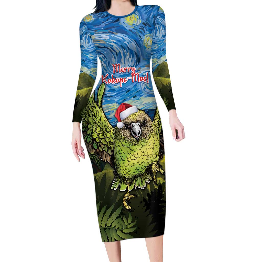 Personalised Jumping Kakapo Christmas Family Matching Long Sleeve Bodycon Dress and Hawaiian Shirt New Zealand Fern - Starry Night Style LT14 Mom's Dress Green - Polynesian Pride