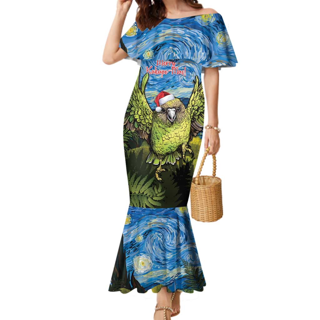 Personalised Jumping Kakapo Christmas Family Matching Mermaid Dress and Hawaiian Shirt New Zealand Fern - Starry Night Style LT14 Mom's Dress Green - Polynesian Pride