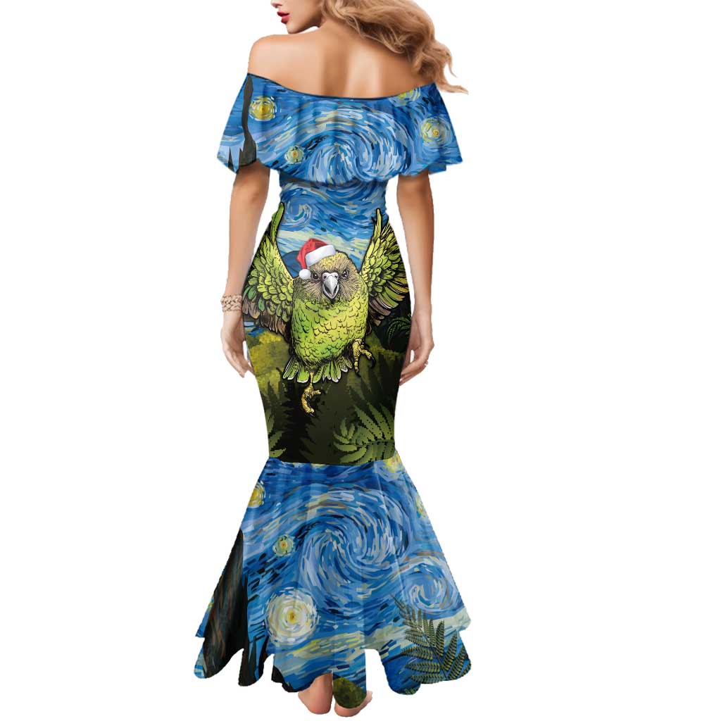 Personalised Jumping Kakapo Christmas Family Matching Mermaid Dress and Hawaiian Shirt New Zealand Fern - Starry Night Style LT14 - Polynesian Pride